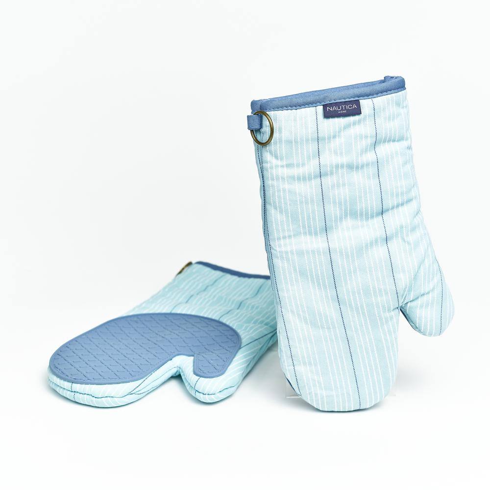 Light Blue Striped Cotton Oven Mitts with Silicone Palm