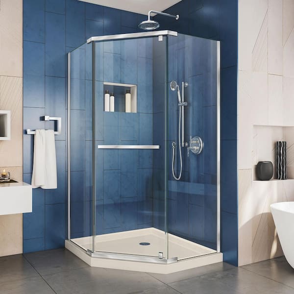 DreamLine Prism 36 in. x 36 in. x 74.75 in. Semi-Frameless Pivot Neo-Angle Shower Enclosure in Chrome with Biscuit Shower Base