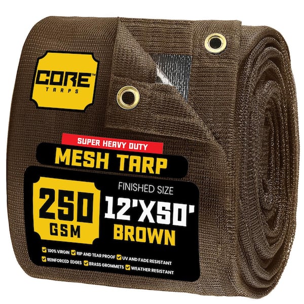 12 ft. x 50 ft. Brown 250 GSM 7.5 OZ Heavy Duty Mesh Tarp, UV Resistant