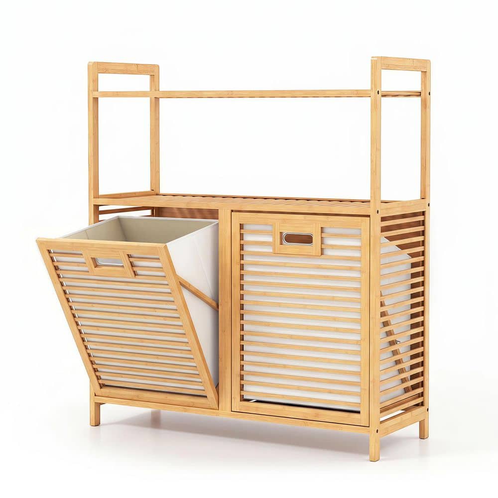Natural 36 x 32 x 12 Bamboo Modern Rectangle Double TiltOut Rectangular LaundryRoom Hamper w 2 Shelves for Dirty Clothes