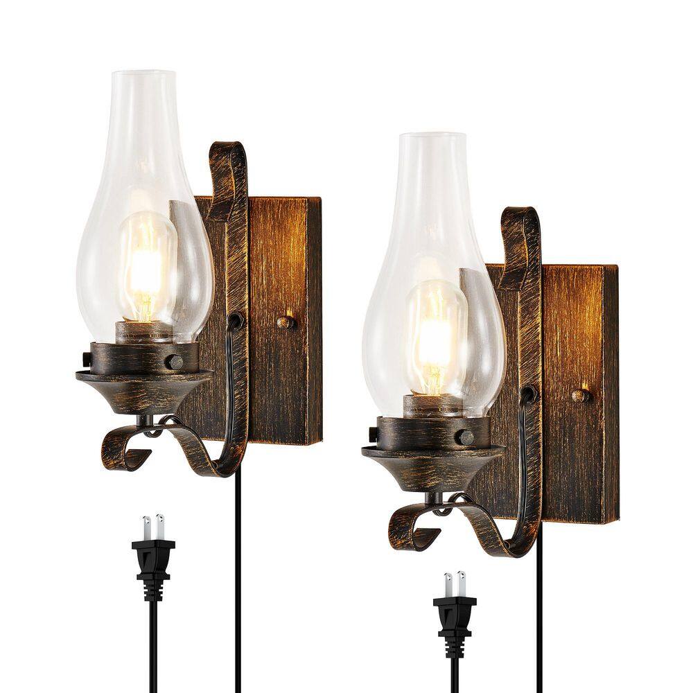 4.7 in. 1-Light Bronze Plug-in Wall Light Fixture Rustic Farmhouse Wall Sconce with Clear Glass Shade (2-Pack) price history on PriceWatchPro