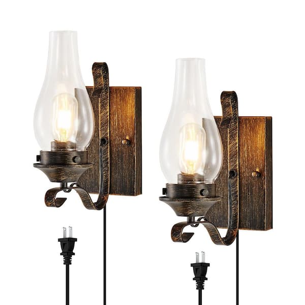 4.7 in. 1-Light Bronze Plug-in Wall Light Fixture Rustic Farmhouse Wall Sconce with Clear Glass Shade (2-Pack)