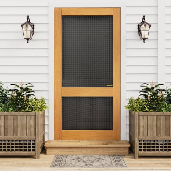 32 in. x 80 in. Universal/Reversible 2-Bar Paneled Railing Style Finished Fir Wood and Gauze Mesh Hinged Screen Door