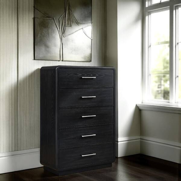 Robeck Tall Dresser Chest, 5 Drawer, Black 57 Inch, Silver Metal Handles Robeck Tall Dresser Chest, 5 Drawer, Black 57 Inch, Silver Metal Handles