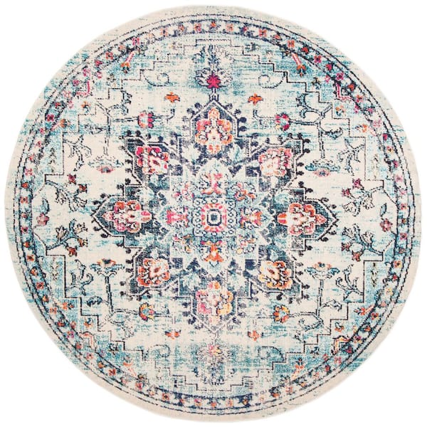 Madison Cream/Blue 10 ft. x 10 ft. Border Geometric Floral Medallion Round Area Rug