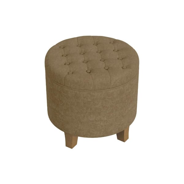 Benjara Wes Mocha Brown and Honey Oak Brown Velvet Round Storage Ottoman