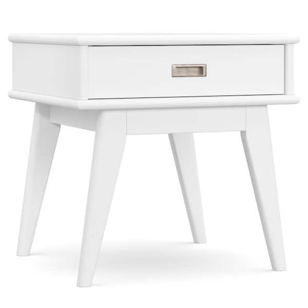 Simpli Home Draper Solid Hardwood 22 in. W in White Rectangle Mid Century Modern End Table