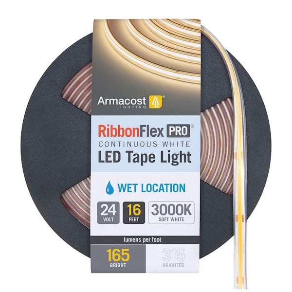 RibbonFlex Pro 24-Volt White COB Outdoor 16.4 ft. Hardwired Cuttable Integrated LED Strip Light Tape 3000k 165 Lumens/ft