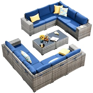 Crater Gray 12-Piece Wicker Outdoor Wide-Plus Arm Patio Conversation Sofa Seating Set with Navy Blue Cushions