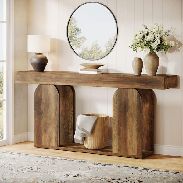 BYBLIGHT Turrella 70.9 in. Rustic Brown Console Tables, Rectangle Wood Console Table with Wood U-Shaped Base for Living Room