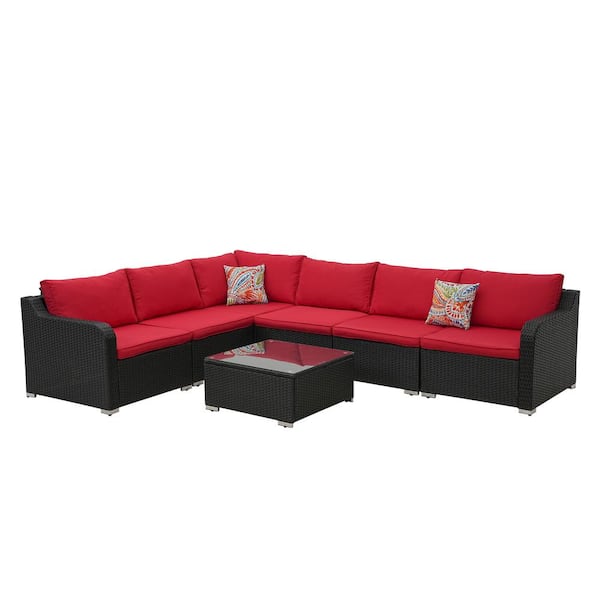 Unbranded Black 7-Piece Wicker Outdoor Sectional Set Patio Woven Rattan Sofa Set with Red Cushions
