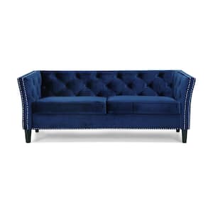 Chatwin 77 in. Midnight Blue Solid Velvet 3-Seats Tuxedo Sofa with Removable Cushions