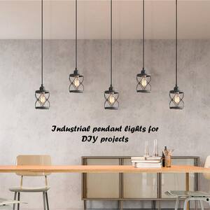 Modern Farmhouse Gray Mini Pendant Light with Dark Pewter Geometric Drum Metal Wire Cage, 1-Light Rustic Fixture for DIY