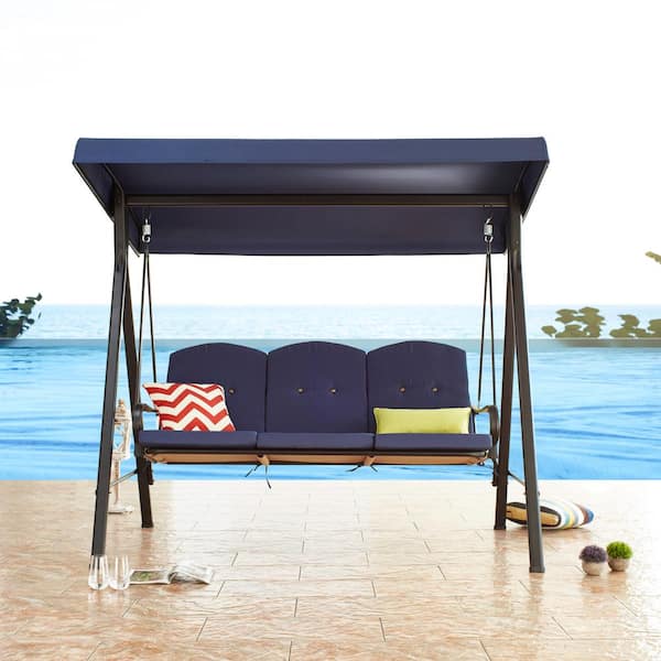 Patio Festival 77 in. 3-Person Metal Patio Swing with Blue Cushions