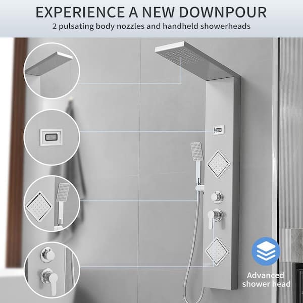 2-Jet Rainfall Shower Panel System with Rainfall Waterfall Shower Head and Shower Wand in Chrome Nickel