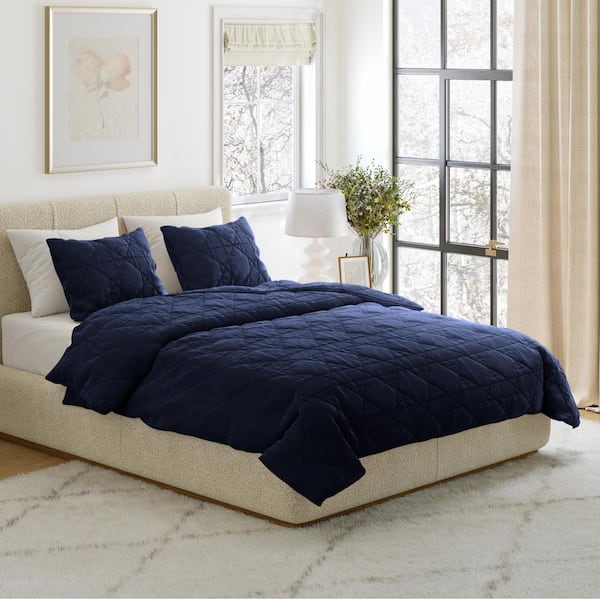 3PC Velvet King Quilt Set with Shams, Medium Weight Bed Set for All Seasons, Ultra Soft Luxury Cotton Velvet Quilt, Navy
