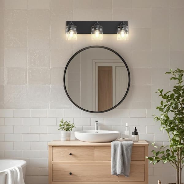 22 in. Industrial 3-Light Matte Black Farmhouse Vanity Light with Glass Shades for Bathroom
