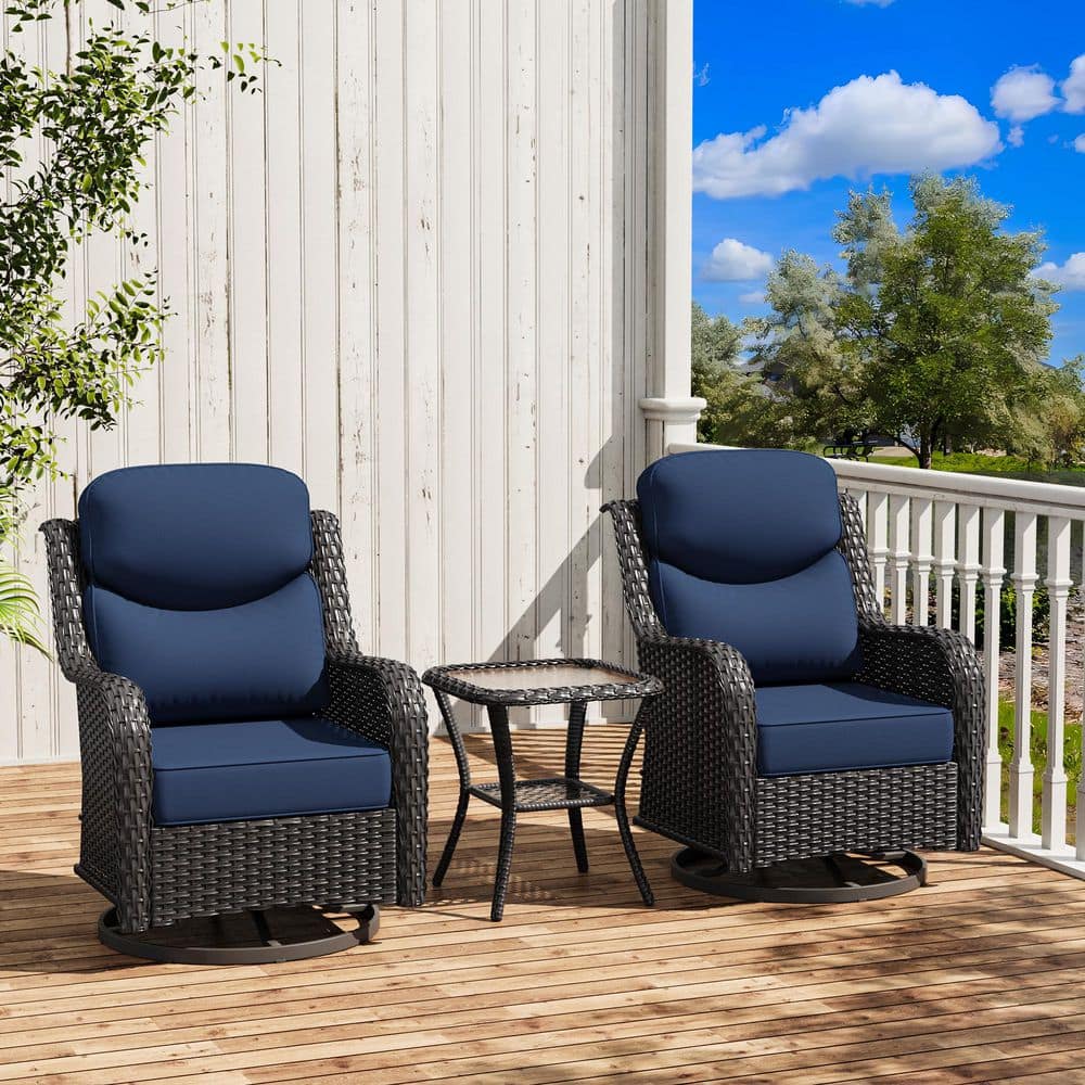 Patio Chairs 3-Piece Wicker Outdoor Swivel Rocker Chairs with Chair Cover with Blue Cushion, Rattan Side Table price history on PriceWatchPro