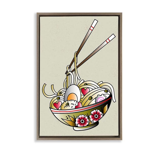Stupell Industries Tattoo Style Ramen Bowl by Incado Brown Floater Frame Food Graphic Art Print 31 in. x 21 in.