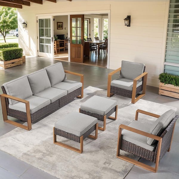 Cube Edge 5-Piece Brown Wicker Patio Conversation Set with Olefin Gray Cushions and Couch/ Porch Furniture Sets