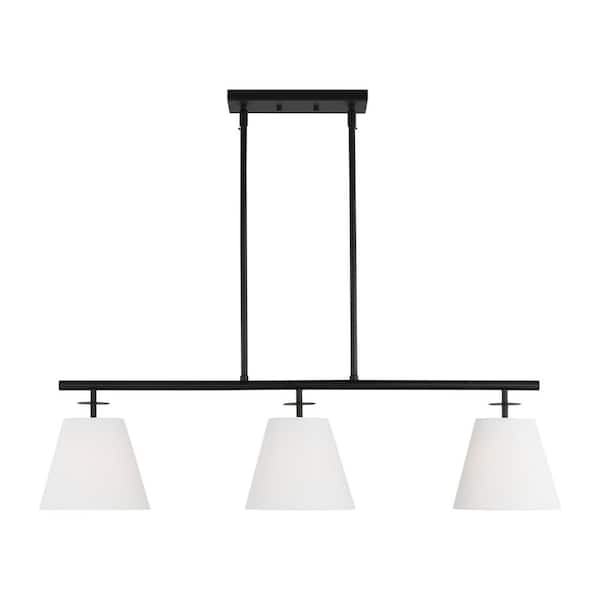 Generation Lighting Crestgrove 3-Light Midnight Black Linear Chandelier with White Linen Shades