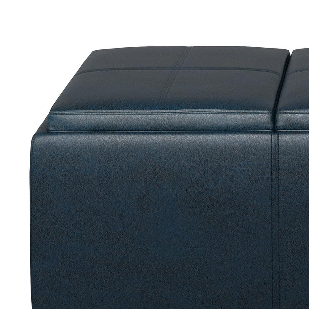 Avalon Distressed Dark Blue Faux Leather Storage Ottoman with Trays