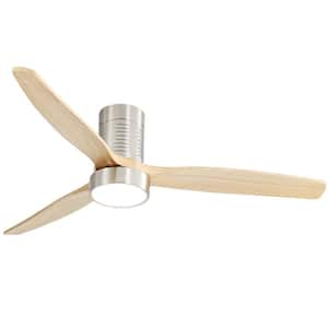 52 in. LED Indoor/Outdoor Nickel Flush Mount Smart Sand Ceiling Fan with Grey Wood Blades, 6-Speed DC Remote