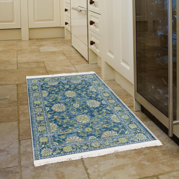 Ottomanson Non-Shedding Washable Wrinkle-Free Cotton Flatweave Floral 4x6  Indoor Living Room Area Rug 4 ft. x 6 ft., Blue LSB7026-4X6 - The Home Depot