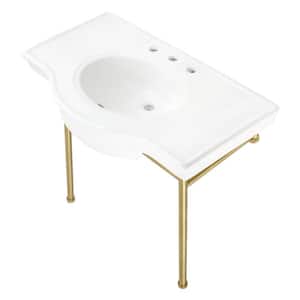 Manchester 37 in. Ceramic Console Sink Set with Stainless Steel Legs in White/Brushed Brass