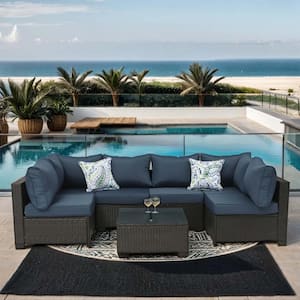 7-Piece Black Wicker Outdoor Sofa Loveseat Patio Conversation Seating Set with Dark Blue Cushions