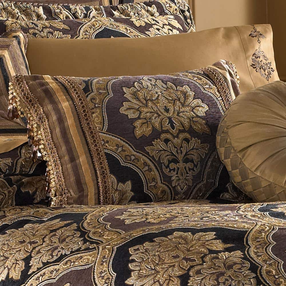 Reilly Black and Gold Chenille Damask Boudoir Pillow