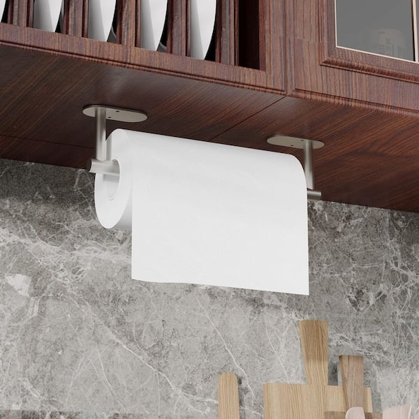 Brushed Nickel Stainless Steel Paper Towel Holder Under Cabinet, Wall Mounted or Adhesive, Round Base Paper Towel Rack