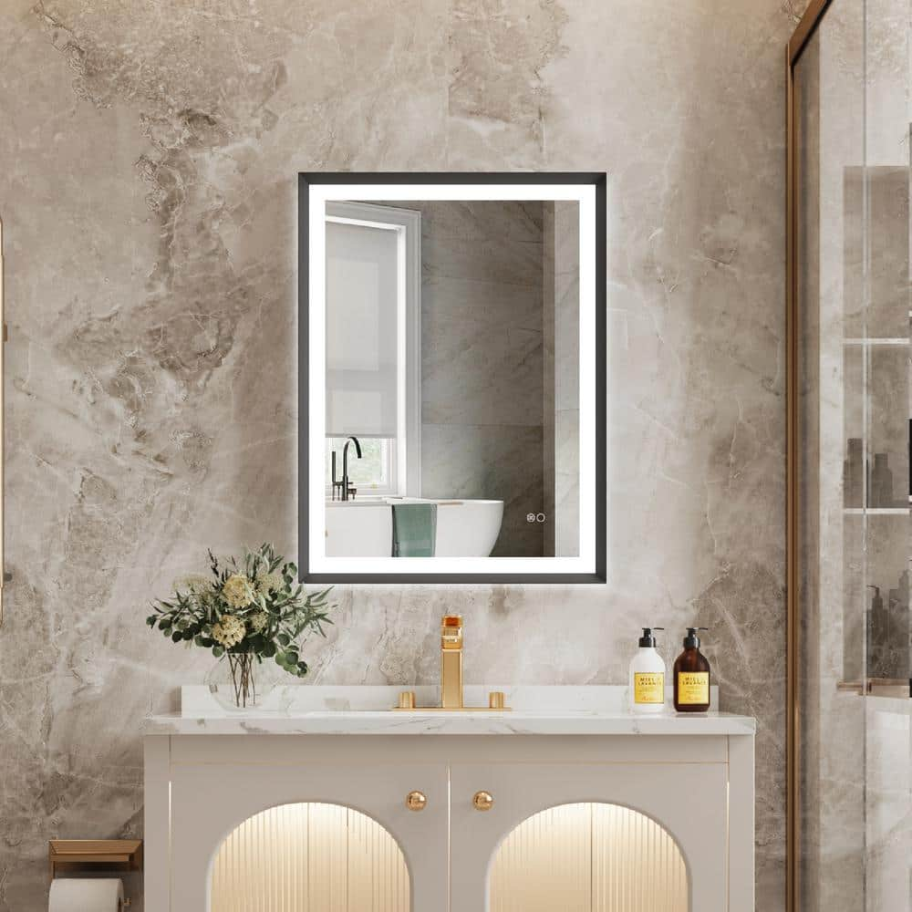 ELLO&ALLO 24 in. W x 24 in. H Single Frameless Round LED Light Bathroom Wall Vanity Mirror with Shelf, Clear