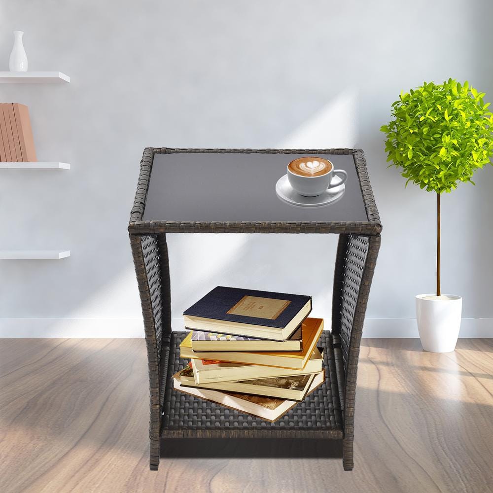 Outdoor Square Coffee Table with Storage Shelf, for Garden Porch, Backyard 