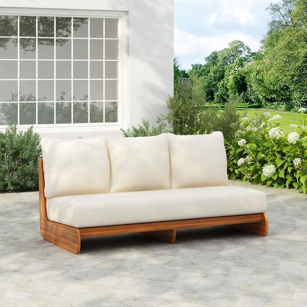 Bevis Modern Teak Finish Solid Wood Outdoor Couch Patio 3 Seater Sofa with Beige Cushions, Deep Seating
