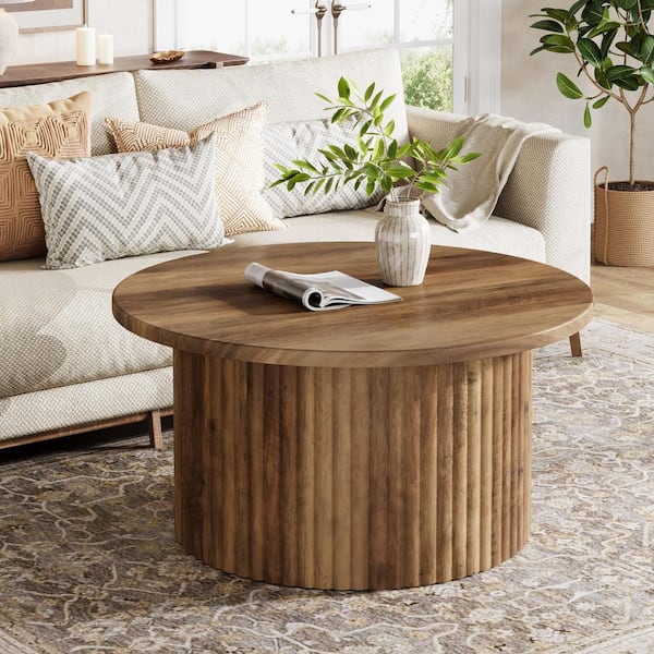 Allan 31.5 in. Brown Round Wood Coffee Table with Hollow Round Base, Farmhouse Accent Center Tea Table for Living Room