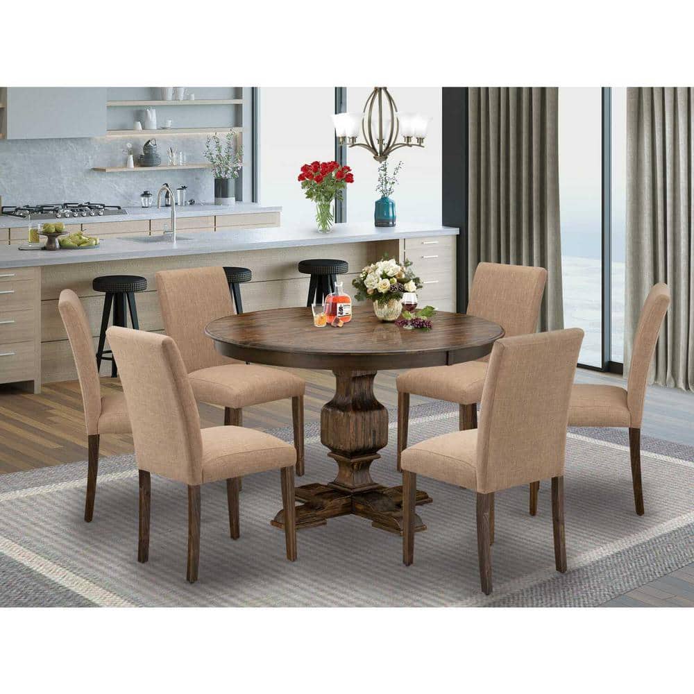 Distressed Jacobean Round Pedestal Dining Set with Light Sable Linen Chairs