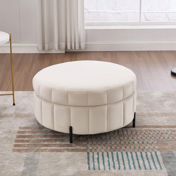 31.5 in. Round Beige Velvet Storage Ottoman with Reversible Lid and Adjustable Metal Legs for Living Room Bedroom