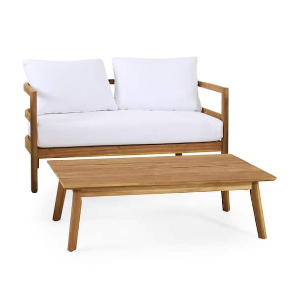 ECOCHIC SPACES INC Cream White and Light Teak Acacia Wood Loveseat and Coffee Table Set with Cushions Deep Seating 600 lbs. Weight Capacity