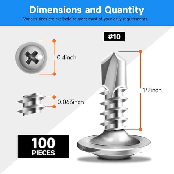 #10 x 1/2 in. 410 Stainless Steel Phillips Truss Head Self Drilling Sheet Metal Screw (100-Pack)
