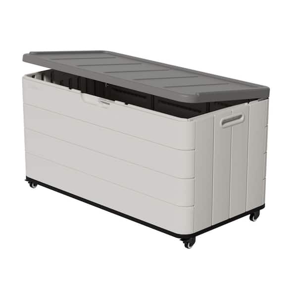 White Outdoor Patio Resin 120 Gal. Deck Box with Wheels for Garden Tools, Toys, Cushions