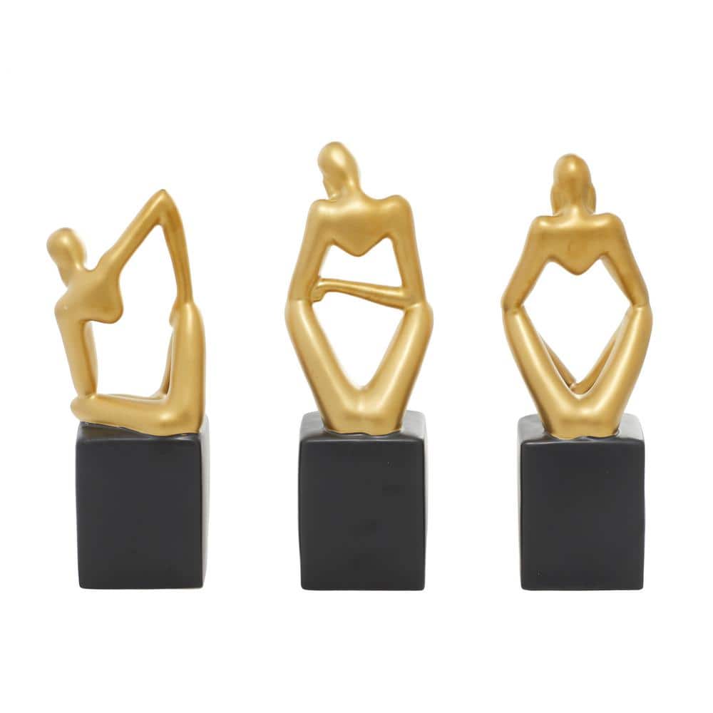 Gold Porcelain Sitting Thinker Trio Sculptures 4"W, 13"H
