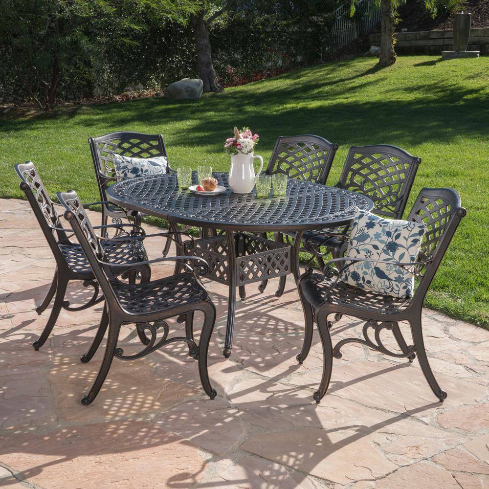 Noble House Copper 7-Piece Aluminum Round Expandable Outdoor Dining Set ...