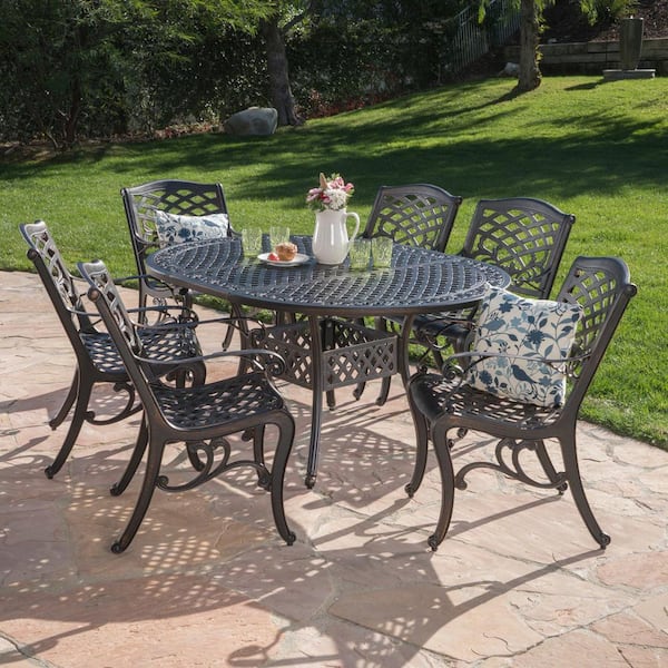 Noble House Copper 7-Piece Aluminum Round Expandable Outdoor Dining Set