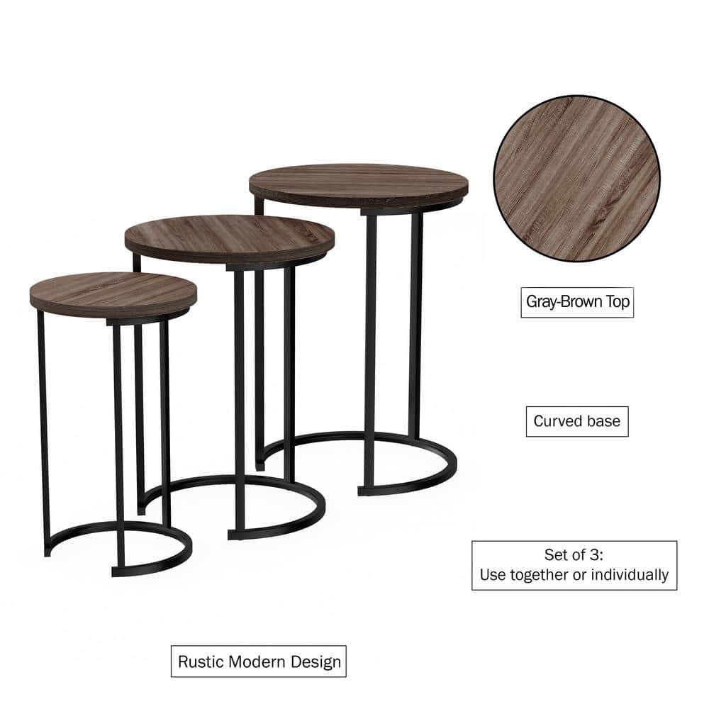 Gray Oak and Black Metal Round Nesting Tables Set of 3