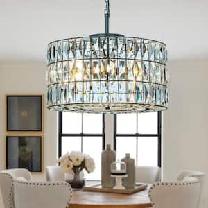 20 in. 4 Light Modern Farmhouse Elegant Lantern Drum Crystal Chandelier in Matte Black for Dining Room