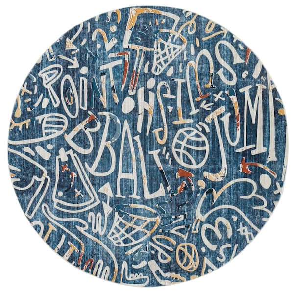 Sportsglyphs Blue 6 ft. Round Abstract Area Rug