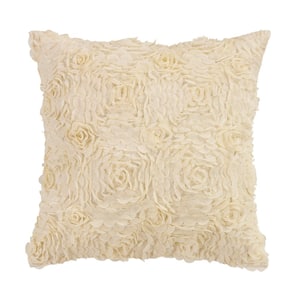Ruffled Rose Cream Polyster 15 in. x 15 in. Decorative Throw Pillow