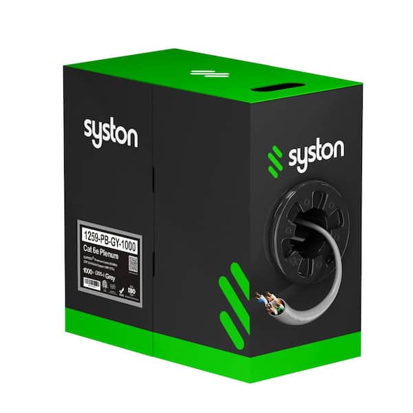 Syston Cable Technology 1000 ft. Gray Plenum Rated Cat6e 600 MHz 23 AWG Solid Bare Copper Ethernet Network Cable - Bulk No Ends Outdoor/Indoor