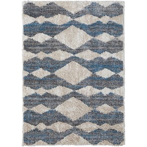 Ivory Gray and Blue 2 ft. x 3 ft. Chevron Area Rug